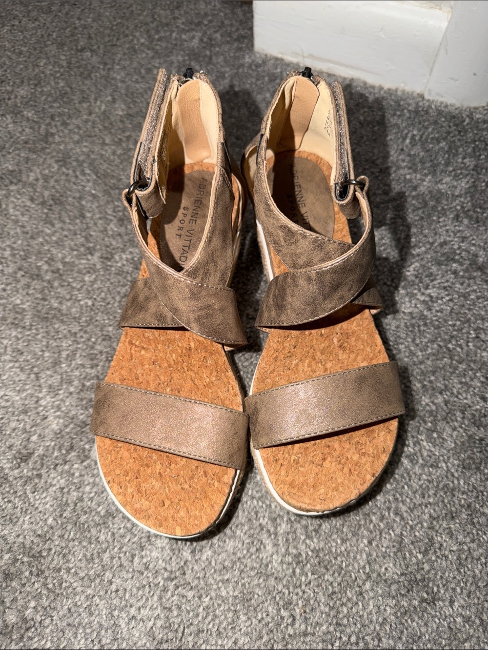 Adrienne Vittadini Taupe Cork Footbed Ankle Strap Sandals